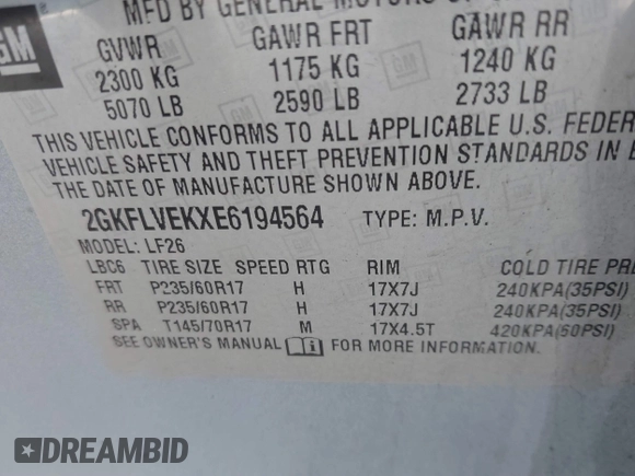 2014 GMC Terrain SLE with VIN 2GKFLVEKXE6194564, listed as a IAAI auction lot 41658337 with 109,773 mi miles and . Bid and sale history available at DreamBid. Image 9.