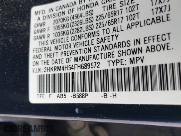 2015 Honda CR-V EX with VIN 2HKRM4H54FH689572, listed as a IAAI auction lot 41869219 with 66,188 mi miles and . Bid and sale history available at DreamBid. Image 9.