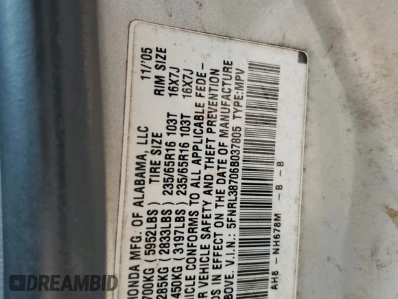 2006 Honda Odyssey EX-L with VIN 5FNRL38706B037805, listed as a Copart auction lot 57390365 with 219,554 mi miles and Salvage title. Bid and sale history available at DreamBid. Image 13.