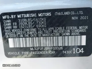 2022 Mitsubishi Mirage G4 ES with VIN ML32FUFJ5NHF03326, listed as a IAAI auction lot 41340720 with 15,621 mi miles. Bid and sale history available at carsss.com. Image 9.