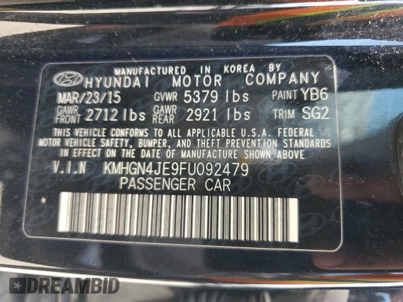 2015 Hyundai Genesis 3.8L with VIN KMHGN4JE9FU092479, listed as a Copart auction lot 68120854 with 218,187 mi miles and Salvage Title. Bid and sale history available at carsss.com. Image 12.