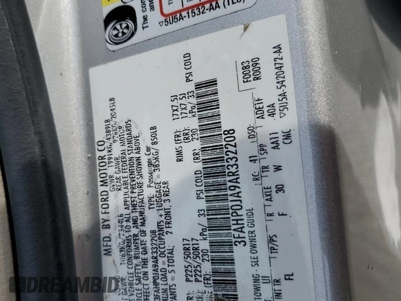 2010 Ford Fusion SEL with VIN 3FAHP0JA9AR332208, listed as a Copart auction lot 53726425 with 214,015 mi miles and Salvage Title. Bid and sale history available at carsss.com. Image 12.