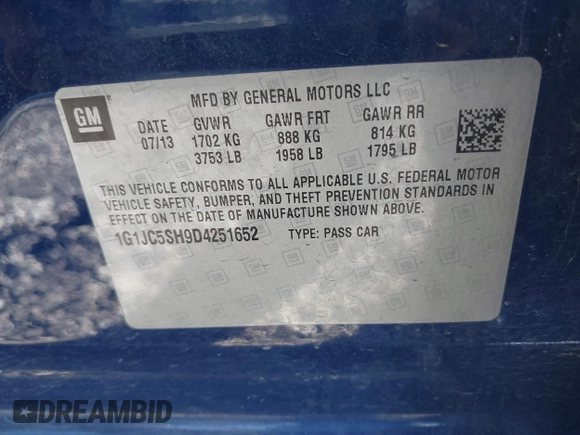 2013 Chevrolet Sonic LT with VIN 1G1JC5SH9D4251652, listed as a IAAI auction lot 41795018 with 45,268 mi miles and . Bid and sale history available at DreamBid. Image 9.