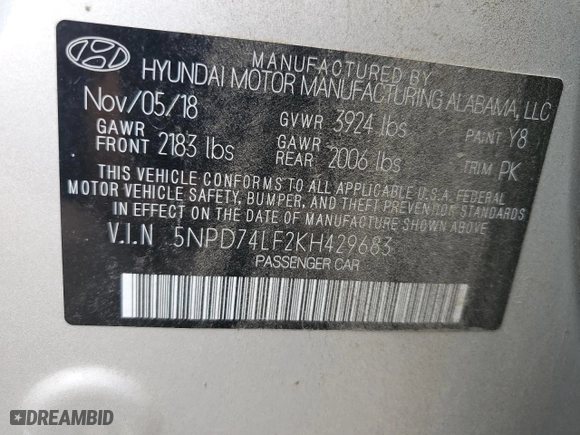 2019 Hyundai Elantra SE with VIN 5NPD74LF2KH429683, listed as a Copart auction lot 78838634 with 122,307 mi miles and Salvage Title. Bid and sale history available at carsss.com. Image 14.