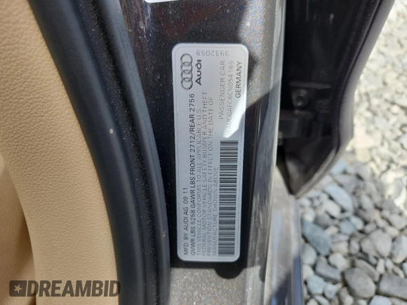 2012 Audi A6 Premium Plus with VIN WAUGGAFC6CN054165, listed as a Copart auction lot 62527695 with 55,592 mi miles and Clean title. Bid and sale history available at DreamBid. Image 12.