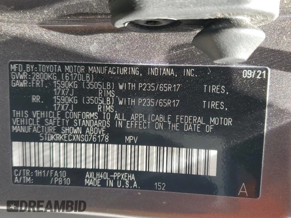 2022 Toyota Sienna LE z VIN 5TDKRKECXNS076178, wystawiony jako Copart lot #57437765 z przebiegiem 42 497 mil mil oraz Szkoda całkowita • Salvage title. Historia ofert i sprzedaży dostępna na DreamBid. Obrazek 13.