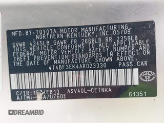 2010 Toyota Camry with VIN 4T4BF3EK4AR023330, listed as a IAAI auction lot 41942691 with 121,827 mi miles and . Bid and sale history available at DreamBid. Image 9.