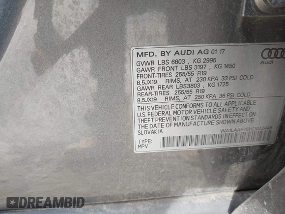 2017 Audi Q7 Premium Plus with VIN WA1LAAF76HD042448, listed as a IAAI auction lot 42030033 with 97,540 mi miles. Bid and sale history available at carsss.com. Image 9.