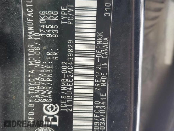 2010 Toyota Corolla with VIN 2T1BU4EE2AC439829, listed as a Copart auction lot 45278135 with 178,670 mi miles and Salvage title. Bid and sale history available at DreamBid. Image 12.
