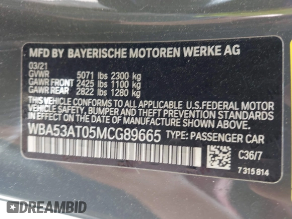 2021 BMW 4 Series M440i with VIN WBA53AT05MCG89665, listed as a IAAI auction lot 42319456 with Not provided miles and . Bid and sale history available at DreamBid. Image 9.