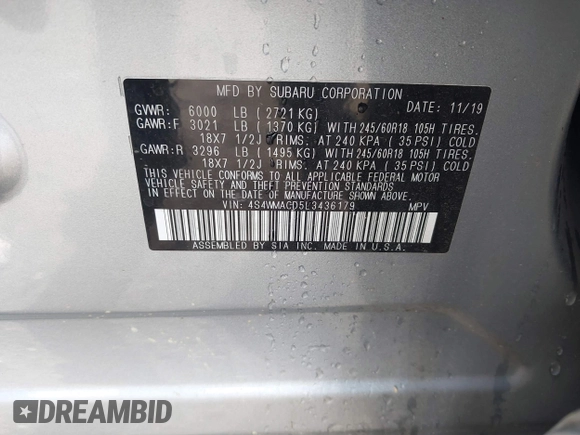 2020 Subaru Ascent Premium with VIN 4S4WMACD5L3436179, listed as a IAAI auction lot 41754581 with 147,067 mi miles and . Bid and sale history available at DreamBid. Image 9.