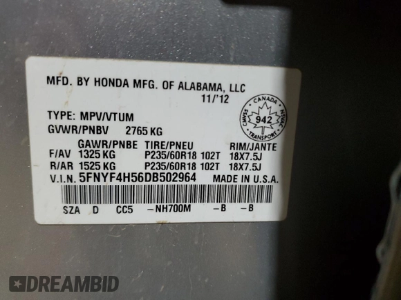 2013 Honda Pilot EX-L with VIN 5FNYF4H56DB502964, listed as a Copart auction lot 83614414 with Not Provided miles and Non Repairable. Bid and sale history available at DreamBid. Image 13.