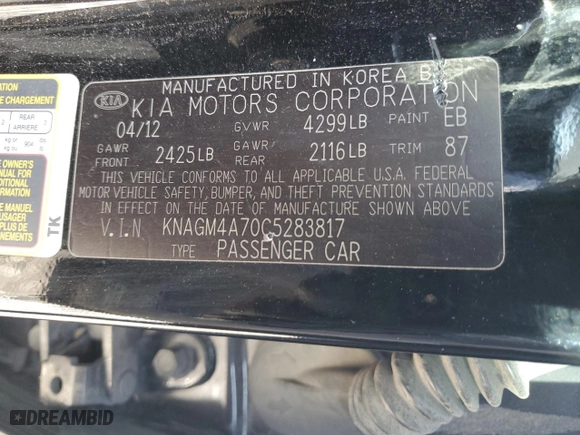2012 Kia Optima LX with VIN KNAGM4A70C5283817, listed as a Copart auction lot 49961795 with 204,942 mi miles and Salvage Title. Bid and sale history available at carsss.com. Image 13.