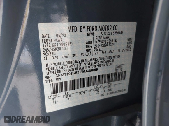 2023 Ford Mustang Mach-E GT with VIN 3FMTK4SE1PMA45085, listed as a IAAI auction lot 41696571 with Not Provided miles and . Bid and sale history available at DreamBid. Image 9.