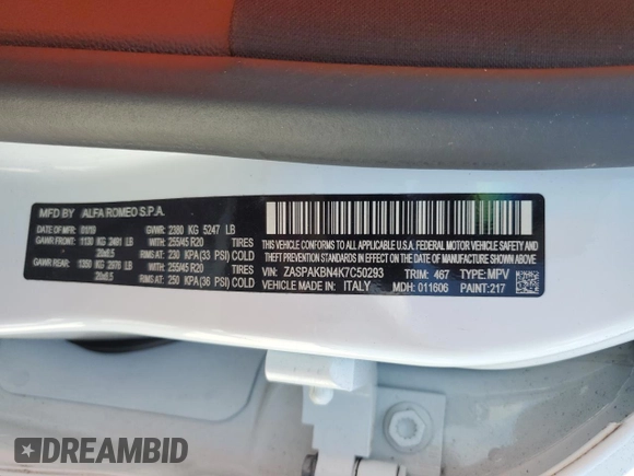 2019 Alfa Romeo Stelvio Ti Sport z VIN ZASPAKBN4K7C50293, wystawiony jako Copart lot #43664025 z przebiegiem 49 382 mil mil oraz Nie do naprawy • Non repairable. Historia ofert i sprzedaży dostępna na DreamBid. Obrazek 13.