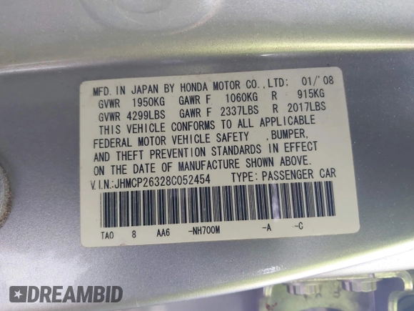 2008 Honda Accord LX z VIN JHMCP26328C052454, wystawiony jako IAAI lot #42106992 z przebiegiem 129 582 mil mil oraz . Historia ofert i sprzedaży dostępna na DreamBid. Obrazek 9.