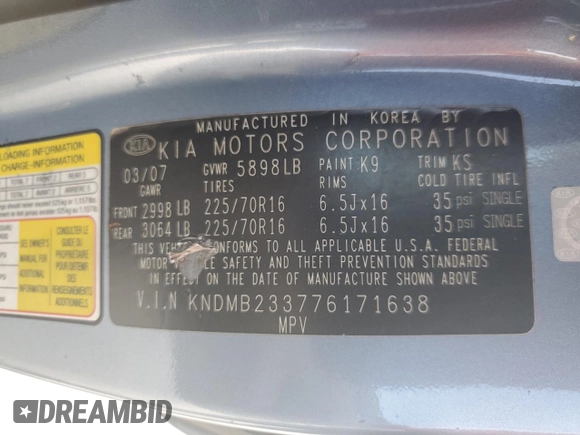 2007 Kia Sedona EX with VIN KNDMB233776171638, listed as a Copart auction lot 45663804 with 234,718 mi miles and Salvage Title. Bid and sale history available at carsss.com. Image 13.