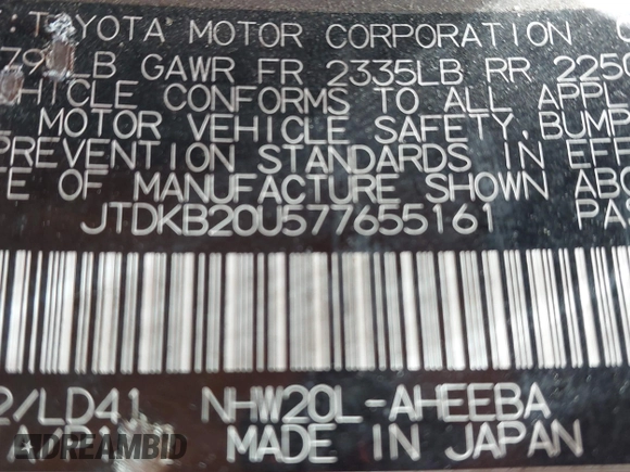 2007 Toyota Prius with VIN JTDKB20U577655161, listed as a IAAI auction lot 42242607 with 201,662 mi miles and . Bid and sale history available at DreamBid. Image 9.