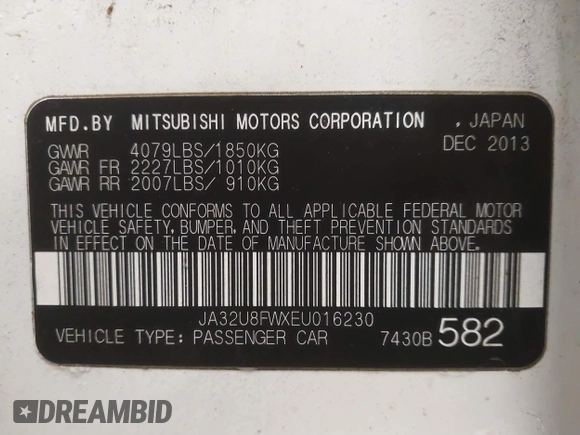 2014 Mitsubishi Lancer GT with VIN JA32U8FWXEU016230, listed as a IAAI auction lot 41379899 with 108,511 mi miles. Bid and sale history available at carsss.com. Image 9.