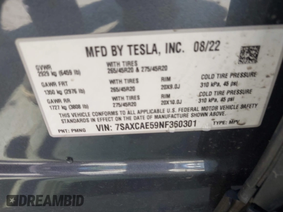 2022 Tesla Model X with VIN 7SAXCAE59NF360301, listed as a IAAI auction lot 41945059 with Not Provided miles and . Bid and sale history available at DreamBid. Image 9.