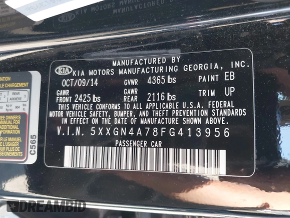 2015 Kia Optima EX with VIN 5XXGN4A78FG413956, listed as a IAAI auction lot 42731680 with 176,395 mi miles and . Bid and sale history available at DreamBid. Image 9.