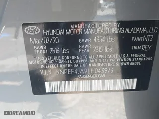 2020 Hyundai Sonata SEL with VIN 5NPEF4JA9LH043973, listed as a IAAI auction lot 41733602 with 56,972 mi miles. Bid and sale history available at carsss.com. Image 9.