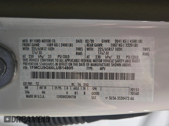 2020 Ford Escape SE z VIN 1FMCU9G66LUB14805, wystawiony jako IAAI lot #42388285 z przebiegiem 50 819 mil mil oraz . Historia ofert i sprzedaży dostępna na DreamBid. Obrazek 10.