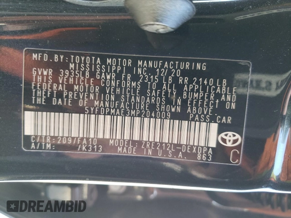2021 Toyota Corolla L with VIN 5YFDPMAE3MP204009, listed as a Copart auction lot 48236975 with 55,558 mi miles and Salvage Title. Bid and sale history available at carsss.com. Image 13.