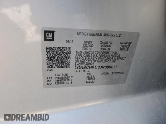 2018 Chevrolet Suburban LT with VIN 1GNSCHKC3JR389677, listed as a Copart auction lot 83560834 with 78,561 mi miles and Salvage Title. Bid and sale history available at carsss.com. Image 13.
