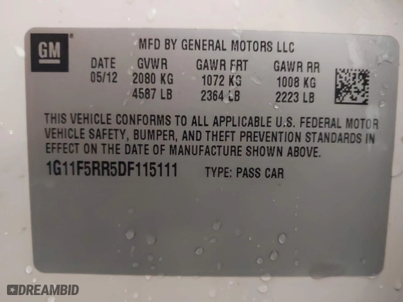 2013 Chevrolet Malibu ECO with VIN 1G11F5RR5DF115111, listed as a IAAI auction lot 41293917 with 118,798 mi miles. Bid and sale history available at carsss.com. Image 9.