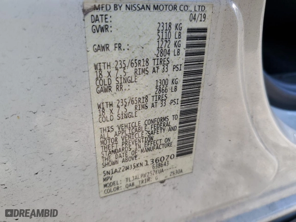 2019 Nissan Murano SV with VIN 5N1AZ2MJ5KN136070, listed as a Copart auction lot 46271285 with 163,977 mi miles and Salvage Title. Bid and sale history available at carsss.com. Image 16.
