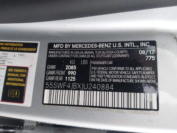 2018 Mercedes-Benz C-Class C 300 with VIN 55SWF4JBXJU240884, listed as a IAAI auction lot 41934496 with 65,906 mi miles. Bid and sale history available at carsss.com. Image 9.