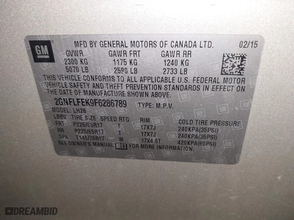 2015 Chevrolet Equinox LT with VIN 2GNFLFEK9F6286789, listed as a IAAI auction lot 41833477 with 115,509 mi miles. Bid and sale history available at carsss.com. Image 9.