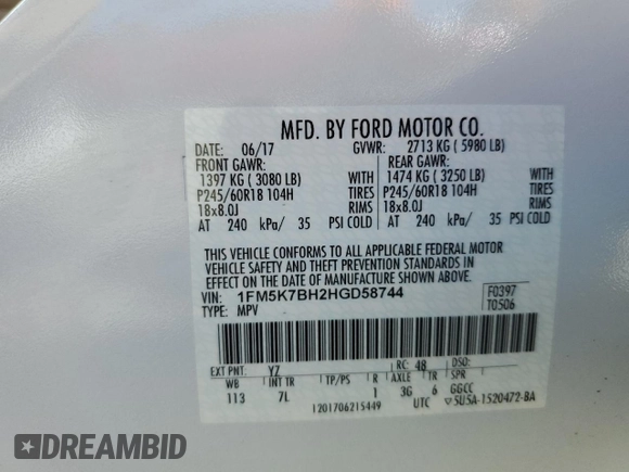2017 Ford Explorer с VIN 1FM5K7BH2HGD58744, выставлен на аукционе Copart как лот 58810025 с пробегом 84 961 миль миль и Списание • Salvage title. История ставок и продаж доступна на DreamBid. Изображение 14.