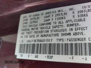 2008 Honda Accord EX with VIN 1HGCP36758A011517, listed as a IAAI auction lot 42067409 with 169,101 mi miles and . Bid and sale history available at DreamBid. Image 9.
