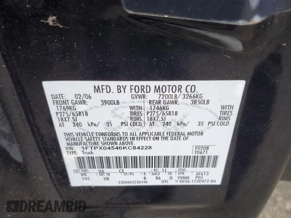 2006 Ford F-150 XLT with VIN 1FTPX04546KC84228, listed as a Copart auction lot 53071305 with Not provided miles and Salvage title. Bid and sale history available at DreamBid. Image 12.