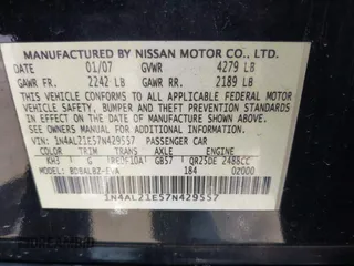 2007 Nissan Altima 2.5 with VIN 1N4AL21E57N429557, listed as a IAAI auction lot 41621114 with 173,525 mi miles. Bid and sale history available at carsss.com. Image 9.
