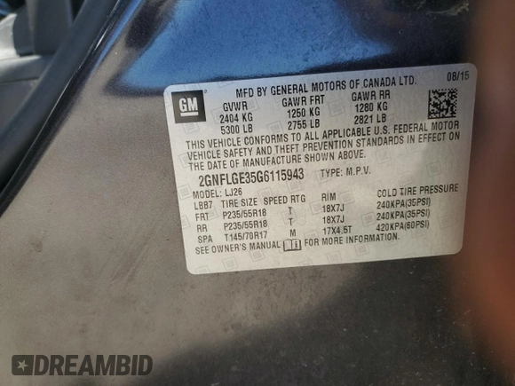 2016 Chevrolet Equinox LTZ with VIN 2GNFLGE35G6115943, listed as a Copart auction lot 45921285 with 82,976 mi miles and Salvage Title. Bid and sale history available at carsss.com. Image 16.