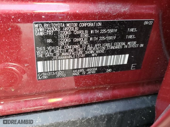 2022 Toyota Venza LE with VIN JTEAAAAH4NJ113149, listed as a Copart auction lot 59235384 with 27,777 mi miles and Clean Title. Bid and sale history available at carsss.com. Image 12.