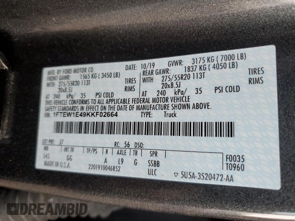 2019 Ford F-150 XL with VIN 1FTEW1E49KKF02664, listed as a Copart auction lot 46167605 with 101,759 mi miles and Salvage title. Bid and sale history available at DreamBid. Image 14.