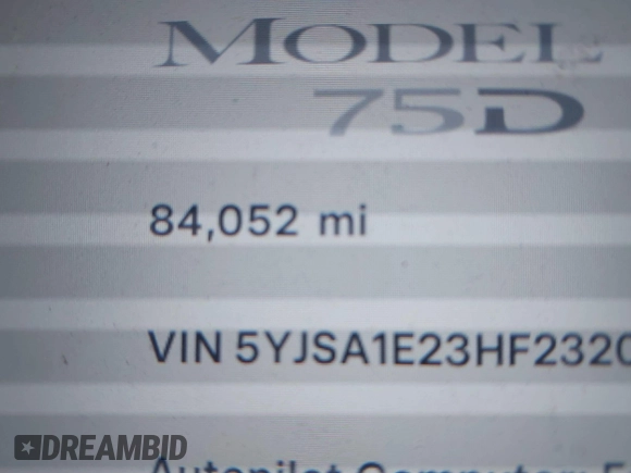 2017 Tesla Model S 100D with VIN 5YJSA1E23HF232059, listed as a IAAI auction lot 41394046 with 84,052 mi miles and . Bid and sale history available at DreamBid. Image 16.