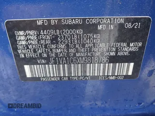 2021 Subaru WRX Premium z VIN JF1VA1C6XM9818786, wystawiony jako IAAI lot #42182203 z przebiegiem 52 535 mil mil oraz . Historia ofert i sprzedaży dostępna na DreamBid. Obrazek 9.