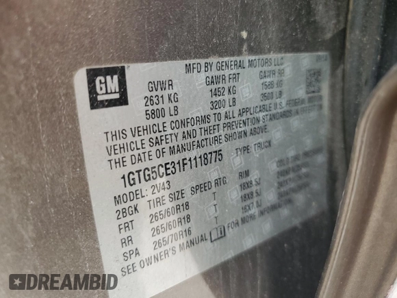 2015 GMC Canyon 2WD SLT with VIN 1GTG5CE31F1118775, listed as a Copart auction lot 45272905 with 119,639 mi miles and Salvage Title. Bid and sale history available at carsss.com. Image 12.