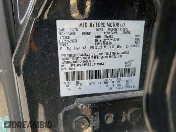 2008 Ford F-250 XL with VIN 1FTSW21R68ED19921, listed as a Copart auction lot 57522865 with Not provided miles and Salvage title. Bid and sale history available at DreamBid. Image 12.