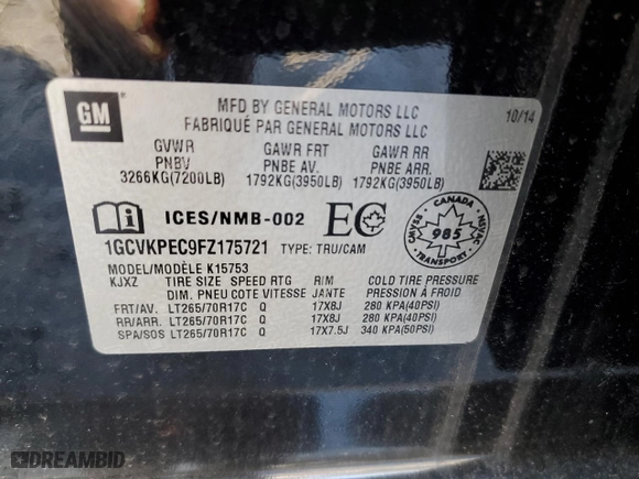 2015 Chevrolet Silverado 1500 Work Truck with VIN 1GCVKPEC9FZ175721, listed as a Copart auction lot 50988385 with 114,997 mi miles and Clean Title. Bid and sale history available at carsss.com. Image 12.