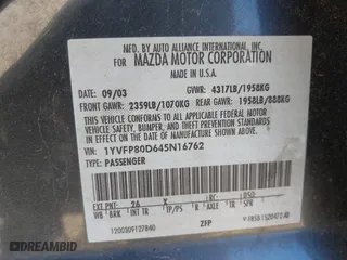 2004 Mazda Mazda6 s with VIN 1YVFP80D645N16762, listed as a IAAI auction lot 41854938 with 186,760 mi miles. Bid and sale history available at carsss.com. Image 9.