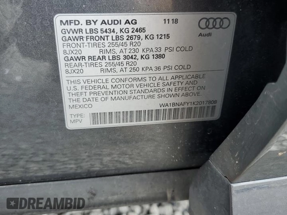 2019 Audi Q5 Premium Plus with VIN WA1BNAFY1K2017808, listed as a Copart auction lot 59008895 with 86,084 mi miles and Salvage title. Bid and sale history available at DreamBid. Image 13.