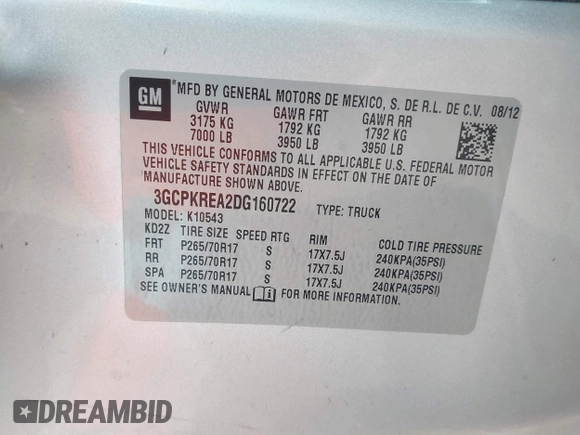 2013 Chevrolet Silverado 1500 LS with VIN 3GCPKREA2DG160722, listed as a IAAI auction lot 41262914 with 324,775 mi miles and . Bid and sale history available at DreamBid. Image 9.