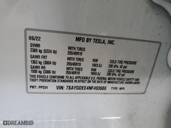 2022 Tesla Model Y Long Range with VIN 7SAYGDEE4NF493686, listed as a Copart auction lot 52544965 with 0 mi miles and Salvage Title. Bid and sale history available at carsss.com. Image 15.