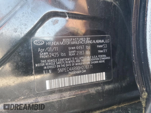 2011 Hyundai Sonata Limited with VIN 5NPEC4AB9BH276171, listed as a Copart auction lot 51465325 with 160,091 mi miles and Clean Title. Bid and sale history available at carsss.com. Image 12.